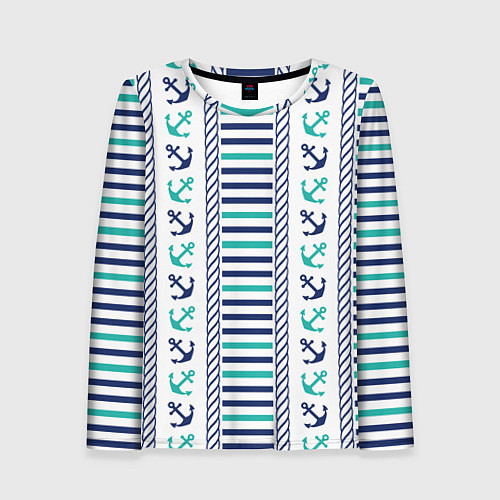 Женский лонгслив Морской орнамент с якорями и полосками / 3D-принт – фото 1