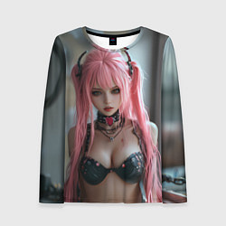 Женский лонгслив Девушка с розовыми волосами в наушниках