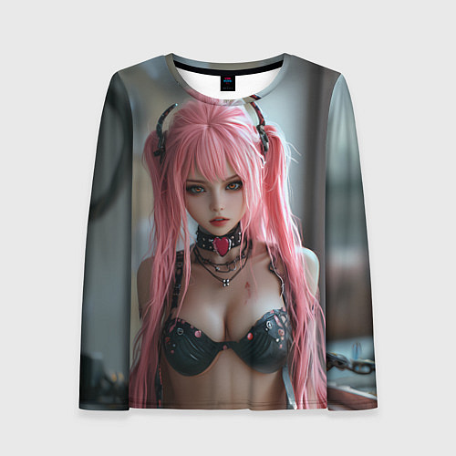 Женский лонгслив Девушка с розовыми волосами в наушниках / 3D-принт – фото 1