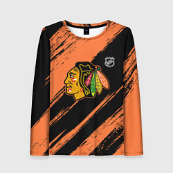 Лонгслив женский Чикаго Блэкхокс - фон с оранжевыми потертостами, цвет: 3D-принт