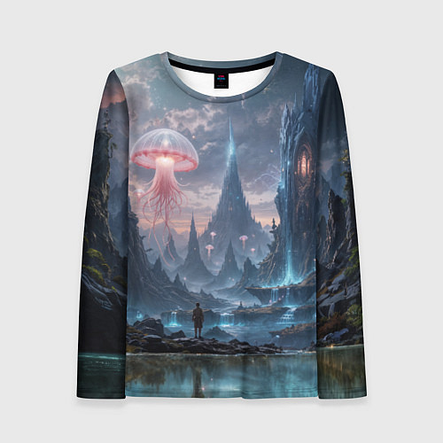 Женский лонгслив Фантастический мир с медузами и озеро у гор / 3D-принт – фото 1