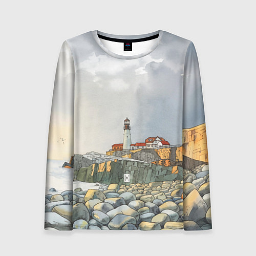 Женский лонгслив Маяк и камни на пляже - акварельный рисунок / 3D-принт – фото 1