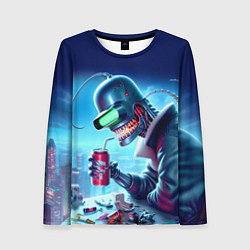 Лонгслив женский Кибер Бендер пьёт лимонад - неоновое свечение, цвет: 3D-принт