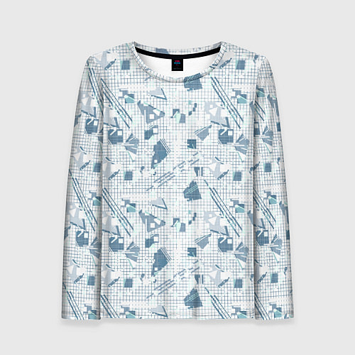 Женский лонгслив Мемфис синий с серым клетчатый геометрический узор / 3D-принт – фото 1