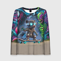 Женский лонгслив Пантерёнок крутой скейтбордист на фоне граффити