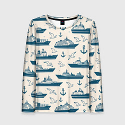 Женский лонгслив Морской паттерн из чаек, якорей и кораблей