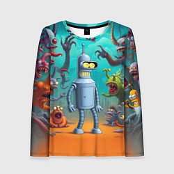 Лонгслив женский Робот-сгибальщик Бендер в окружении монстров, цвет: 3D-принт