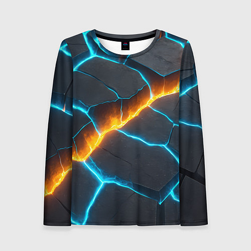 Женский лонгслив Оранжевая лава из синих неоновых плит / 3D-принт – фото 1