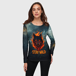 Лонгслив женский Stay wild волк в огне, цвет: 3D-принт — фото 2