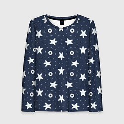 Лонгслив женский Белые кольца и звезды на синем, цвет: 3D-принт