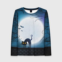 Лонгслив женский Полнолуние и черный кот - жуткий Хэллоуин, цвет: 3D-принт