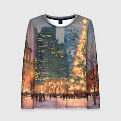 Лонгслив женский Москва - сити и новогодняя елка, цвет: 3D-принт