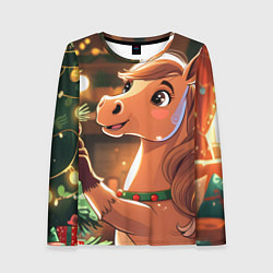 Лонгслив женский Лошадка наряжает елку, цвет: 3D-принт