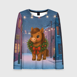 Женский лонгслив Лошадка с новогоднем венком 2026