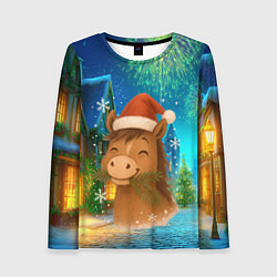 Женский лонгслив Новогодняя лошадка жует елочные ветки