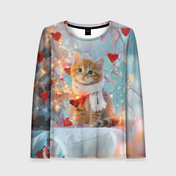 Женский лонгслив Рыжий новогодний котенок с сердечком