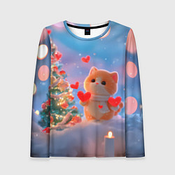 Женский лонгслив Рыжий котенок в сердечках у елочки