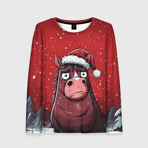 Женский лонгслив Конь в новогодней шапке / 3D-принт – фото 1