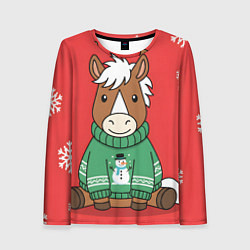 Женский лонгслив Новогодняя лошадка в зеленом свитере