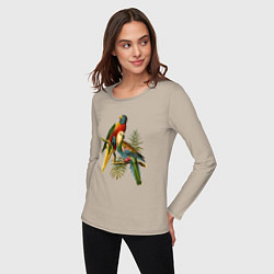 Лонгслив хлопковый женский Тропические попугаи, цвет: миндальный — фото 2