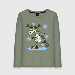 Лонгслив хлопковый женский Олень на лыжах, цвет: авокадо