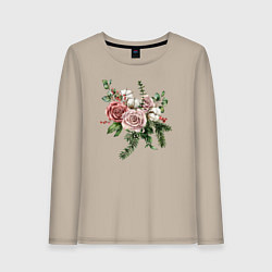 Лонгслив хлопковый женский Букет роз, цвет: миндальный