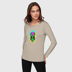 Лонгслив хлопковый женский Psychedelic skull, цвет: миндальный — фото 2