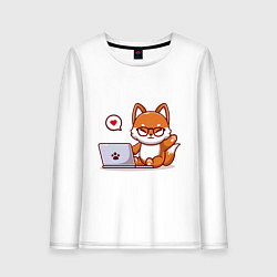 Лонгслив хлопковый женский Cute fox and laptop, цвет: белый