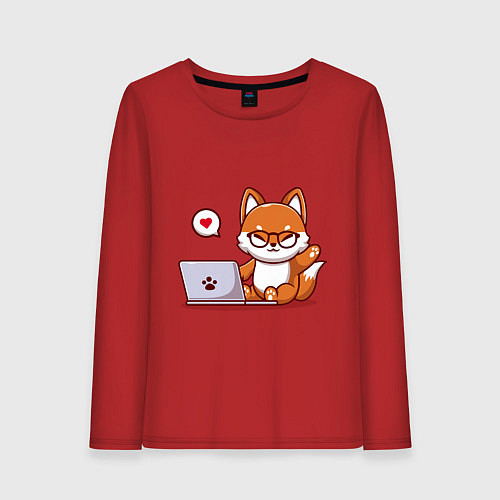 Женский лонгслив Cute fox and laptop / Красный – фото 1