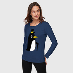 Лонгслив хлопковый женский Пингвин в шляпе, цвет: тёмно-синий — фото 2