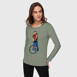 Лонгслив хлопковый женский Golden boy со своим велосипедом, цвет: авокадо — фото 2