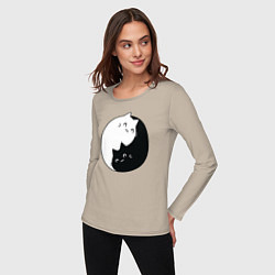 Лонгслив хлопковый женский Инь Ян Котики, цвет: миндальный — фото 2