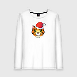 Лонгслив хлопковый женский Мордочка Тигра в колпаке Санты, цвет: белый