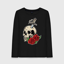 Лонгслив хлопковый женский Череп с розами, цвет: черный