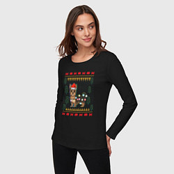 Лонгслив хлопковый женский Рождественский свитер Йоркшик, цвет: черный — фото 2