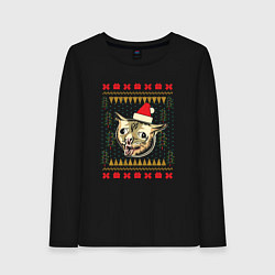 Лонгслив хлопковый женский Рождественский свитер кашляющий кот, цвет: черный