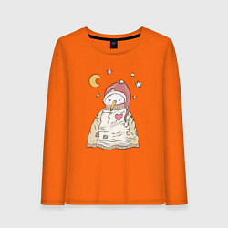 Лонгслив хлопковый женский Снеговик в свитере, цвет: оранжевый