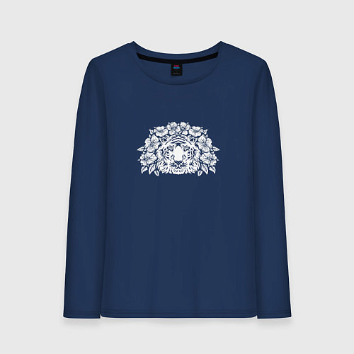 Женский лонгслив Тигр в цветах голова / Тёмно-синий – фото 1