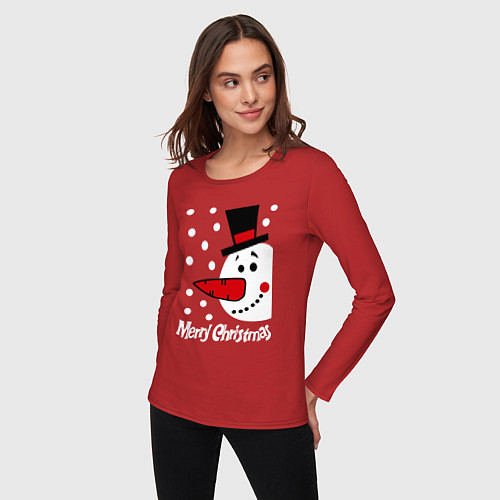 Женский лонгслив Merry Christmas: снеговик в шляпе / Красный – фото 3