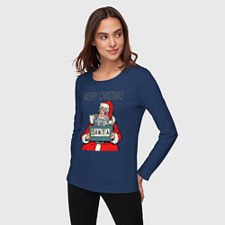 Лонгслив хлопковый женский Merry Christmas: Санта с синяком, цвет: тёмно-синий — фото 2