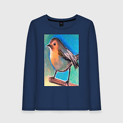 Лонгслив хлопковый женский Рисунок пастелью птица синица, цвет: тёмно-синий