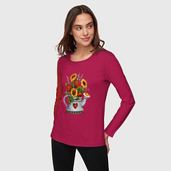 Лонгслив хлопковый женский Лейка с цветами, цвет: маджента — фото 2