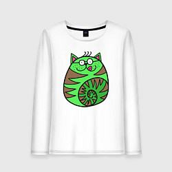 Лонгслив хлопковый женский Зеленый круглый кот, цвет: белый