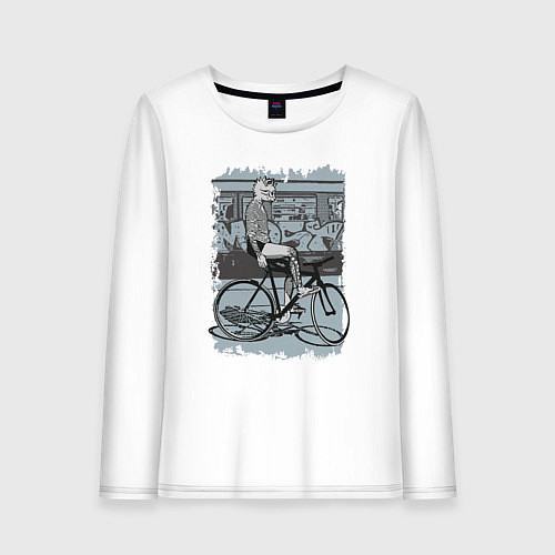 Женский лонгслив Байкер кошка на велосипеде / Белый – фото 1