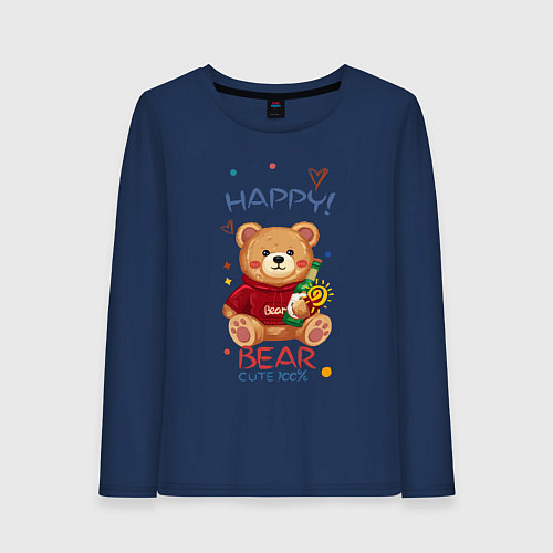 Женский лонгслив СЧАСТЛИВЫЙ МИШКА HAPPY BEAR CUTE 100% / Тёмно-синий – фото 1