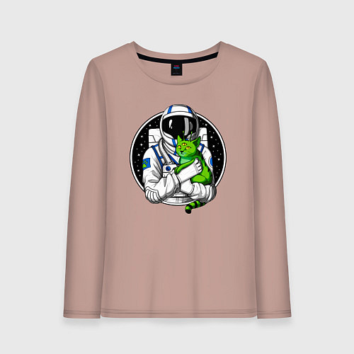 Женский лонгслив Космонавт с инопланетным котом / Пыльно-розовый – фото 1