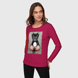 Лонгслив хлопковый женский Крутой котяра в боксёрских перчатках Cool cat in b, цвет: маджента — фото 2