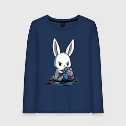 Лонгслив хлопковый женский Зайчонок обнял клубки The bunny hugged the balls, цвет: тёмно-синий
