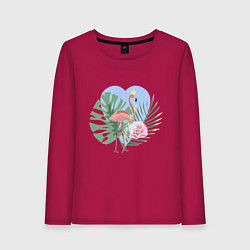 Лонгслив хлопковый женский Розовый фламинго на фоне пальмовых листьев и сердц, цвет: маджента
