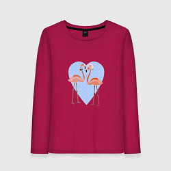 Лонгслив хлопковый женский Розовые фламинго на фоне голубого сердца в горошек, цвет: маджента